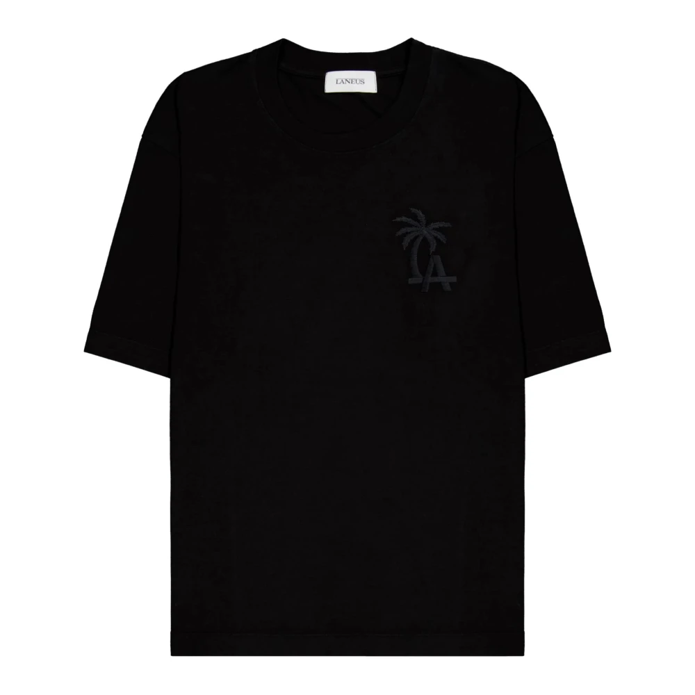 Laneus Palm Geborduurd Katoenen T-Shirt Black Heren