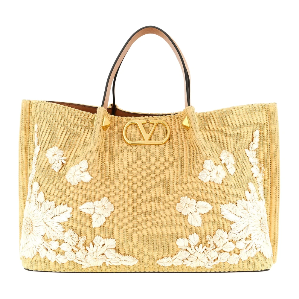 Valentino Garavani Women's Beige Raffia Floral Vlogo Tote Bag