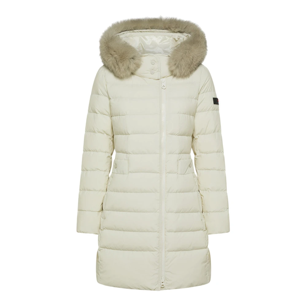 Peuterey Women's Beige Down Coats, Xl, Fur Trim Long Quilted Down Jacket