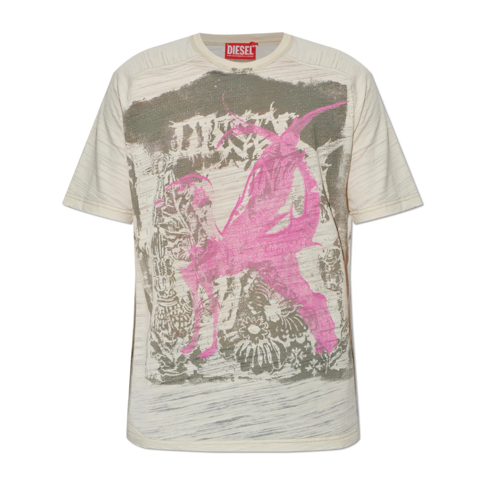 Diesel Mannelijk Beige Tops Heren, L, Leer, T-Jalo-A T-Shirt