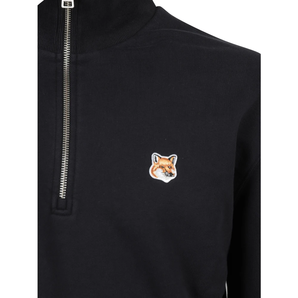 Maison Kitsuné Zwarte Fox Head Patch Half Zip Sweater Black Heren