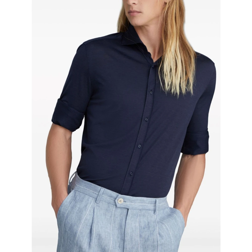 BRUNELLO CUCINELLI Blauwe zijden en katoenen overhemd Blue Heren