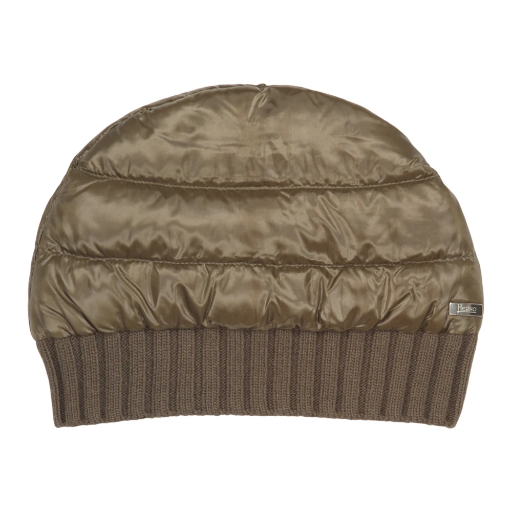 Herno Geribbelde Gebreide Rand Nylon Gewatteerde Hoed Brown Dames