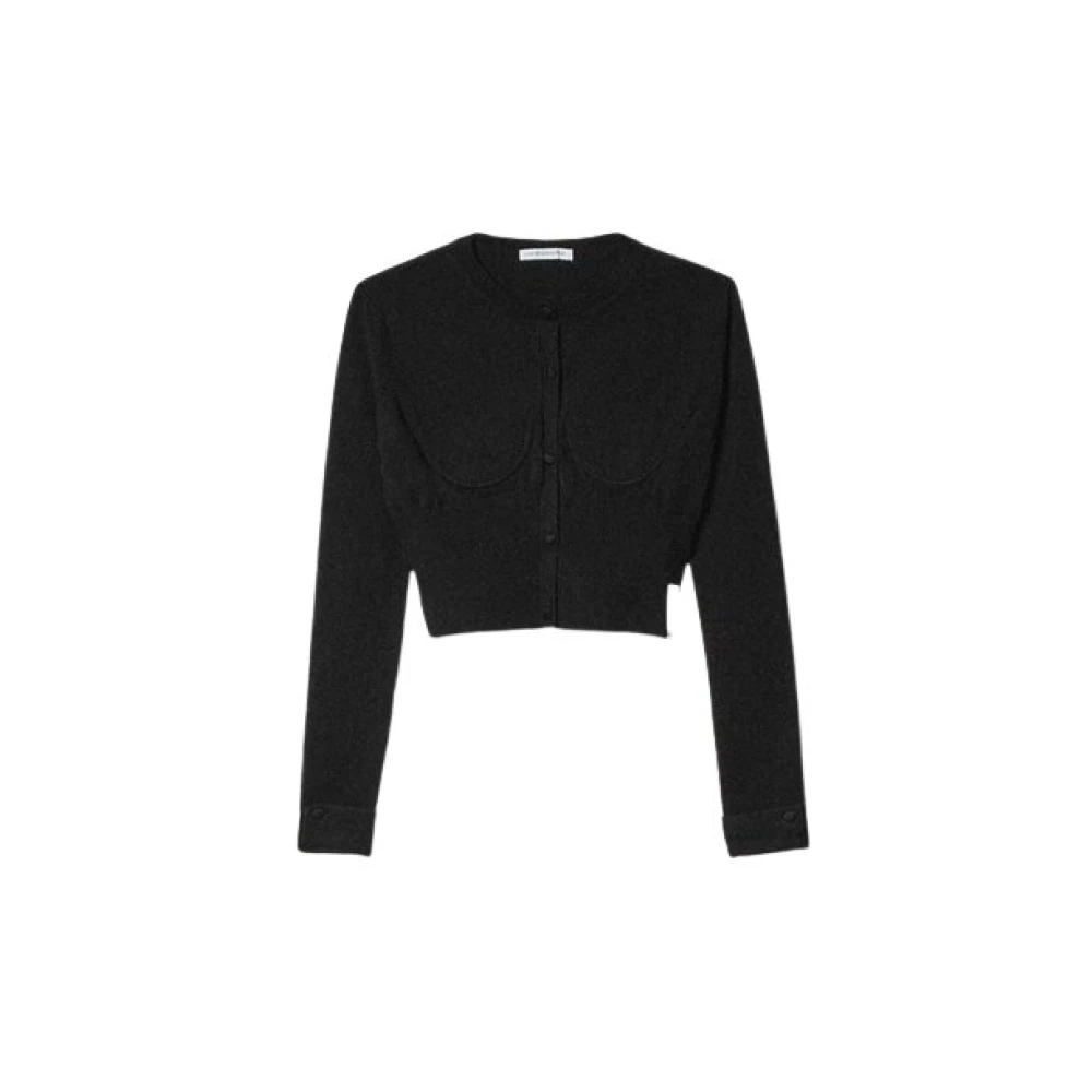 Mar De Margaritas Geribbelde Crop Sweater met knoopsluiting Black Dames