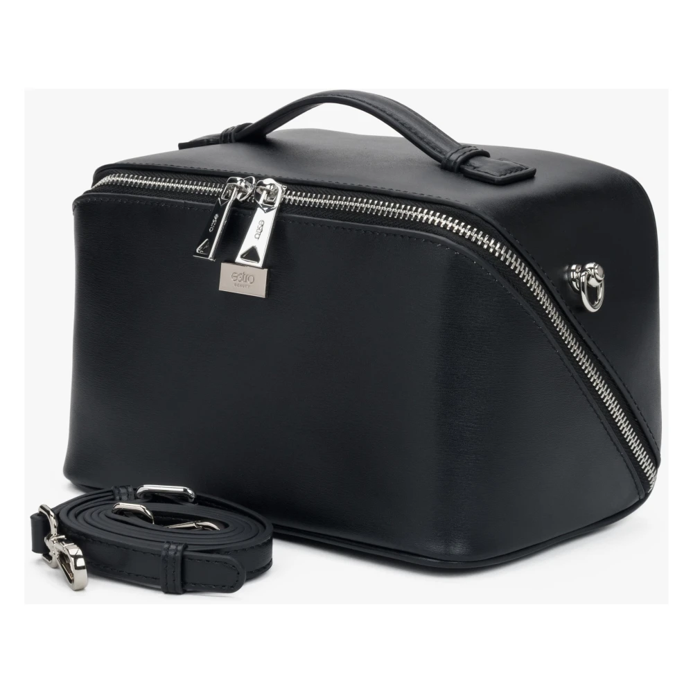 Estro Zwarte Leren Compacte Make-up Tas voor Vrouwen Black Dames