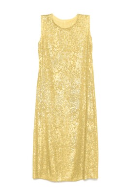 yellow-sequin-crew-neck-flared-dress