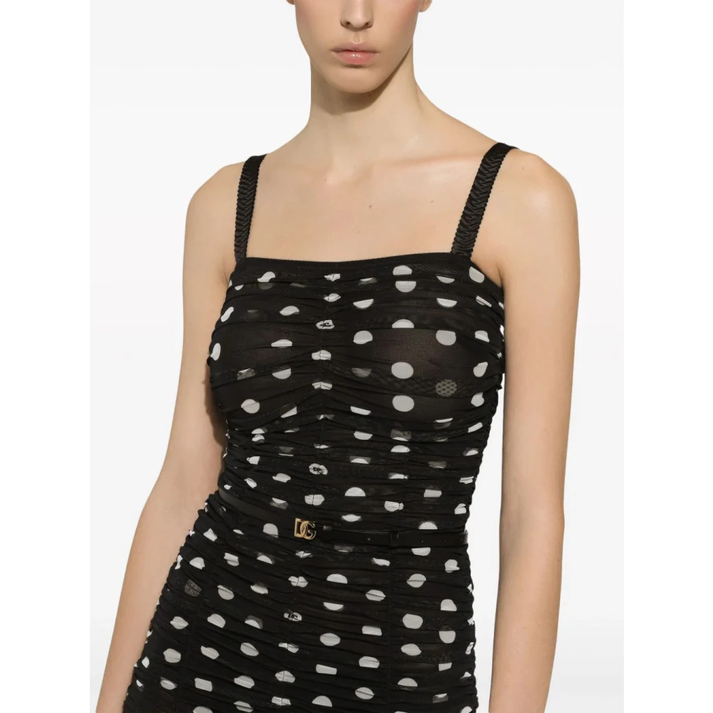 Dolce & Gabbana Polka-dot Midi Jurk met Tule Paneel Black Dames