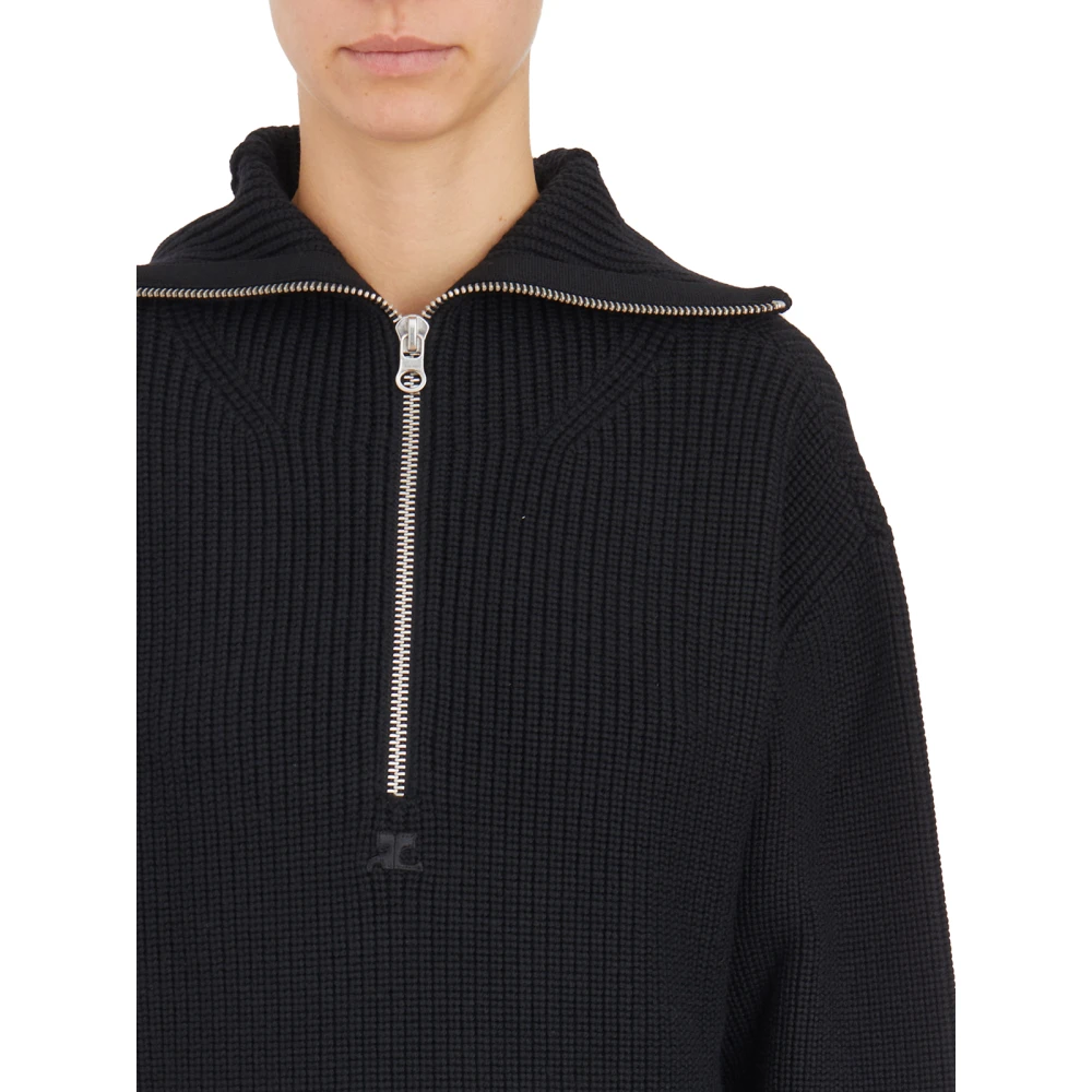 Courrèges Wollen Ribgebreide Hoodie Black Dames