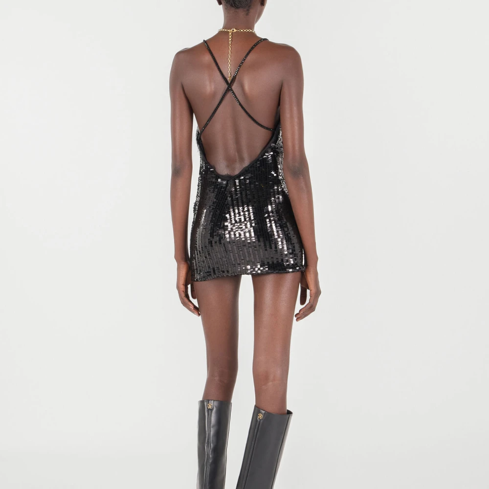 Roberto Cavalli Glinsterende Rugloze Minijurk met Doorschijnende Ruches Black Dames