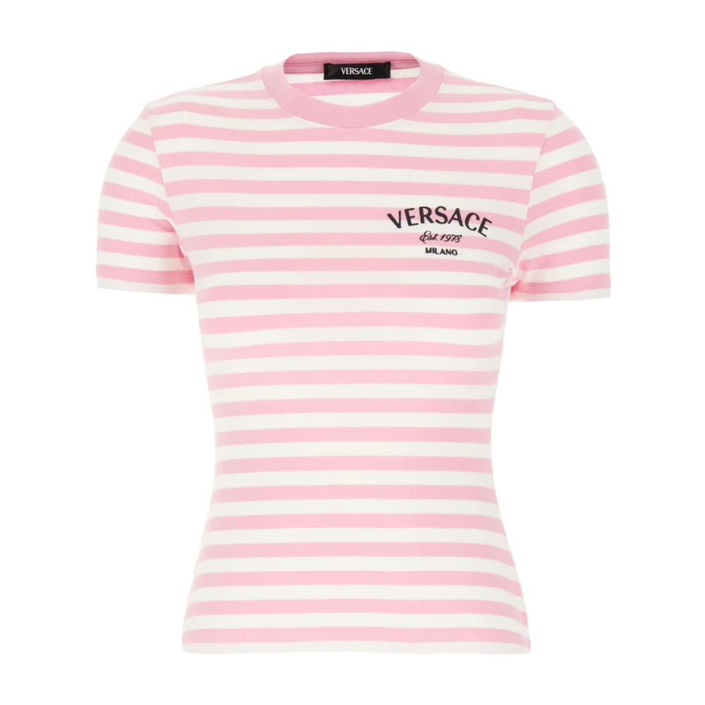 Versace Nautisch Gestreept T-Shirt met Logo Borduursel Orange Dames