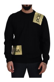 Black Wool Gold Logo Crewneck Pullover Sweater