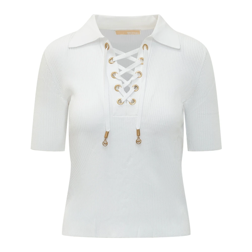 Michael Kors Women's White Ribbed Lace-Up Polo - Polo Shirts - L - Tops