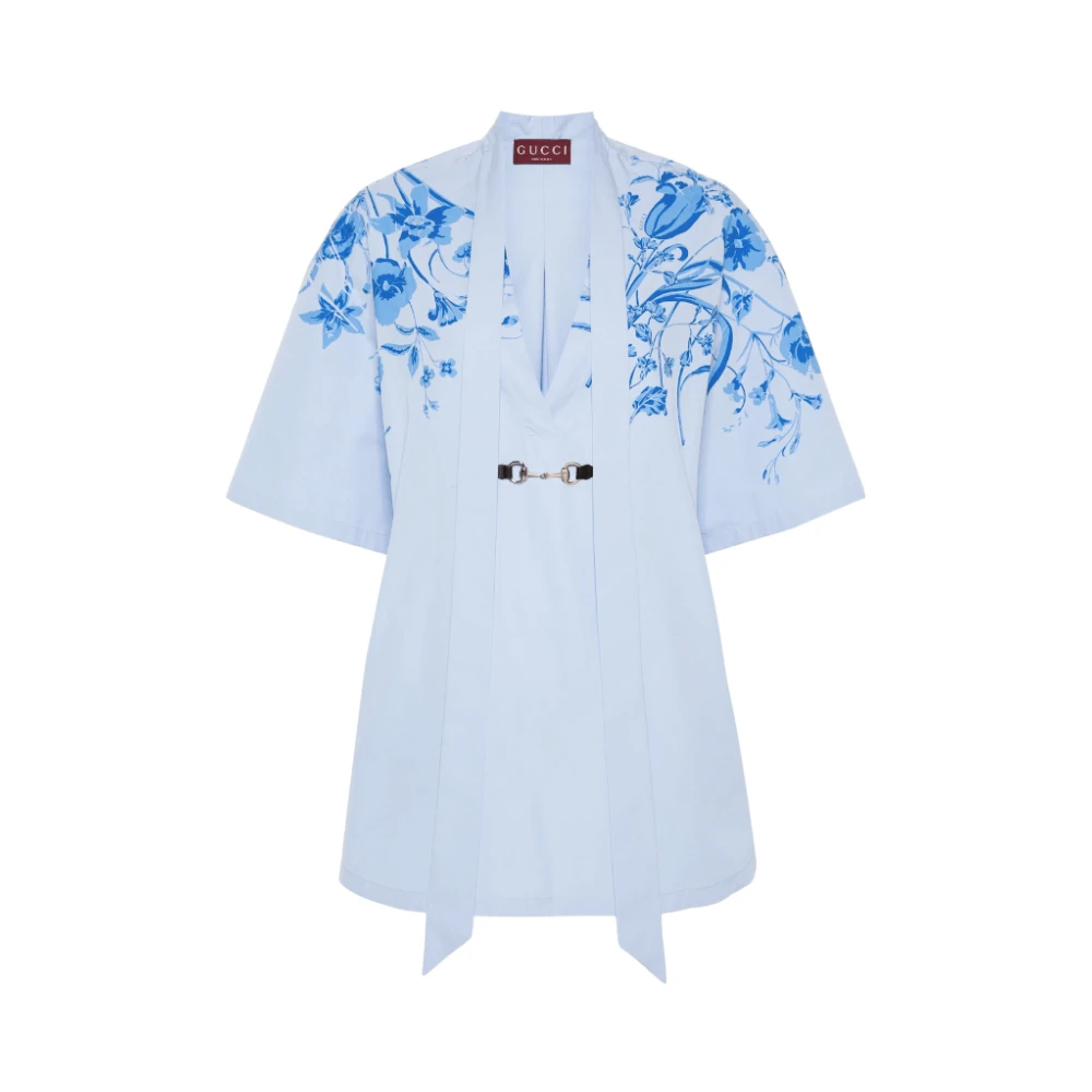 Gucci Blauwe Poplin Jurk met Horsebit Detail Blue Dames