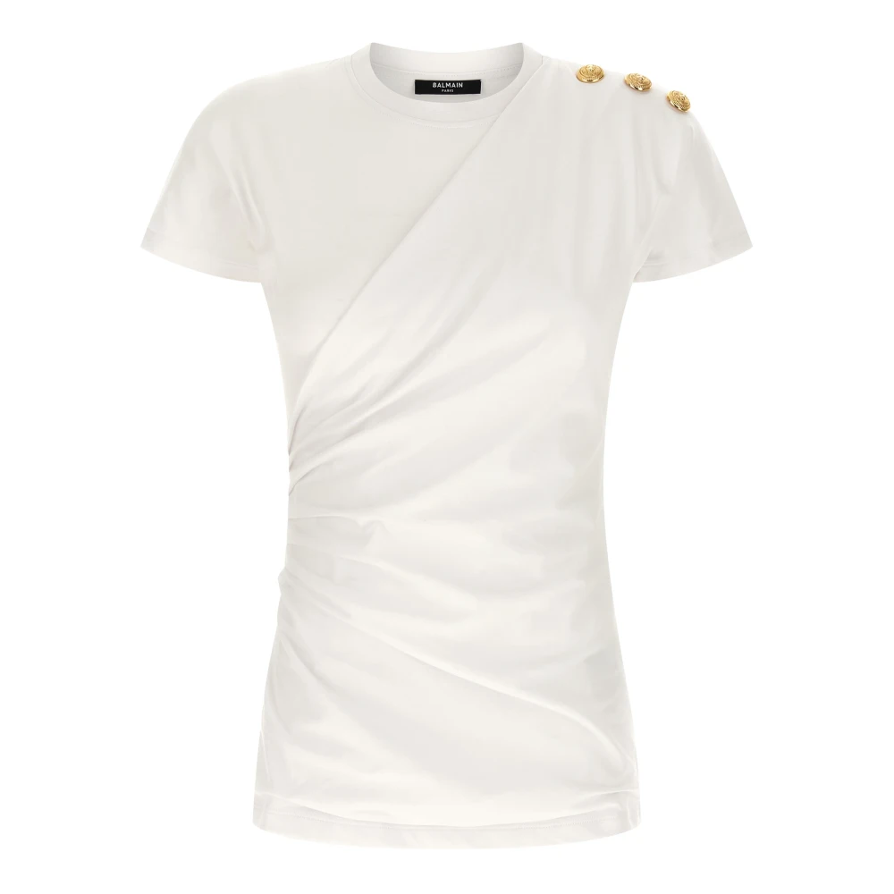 Balmain White Draped T-Shirt With Buttons - Female - T-Shirts - M - Tops