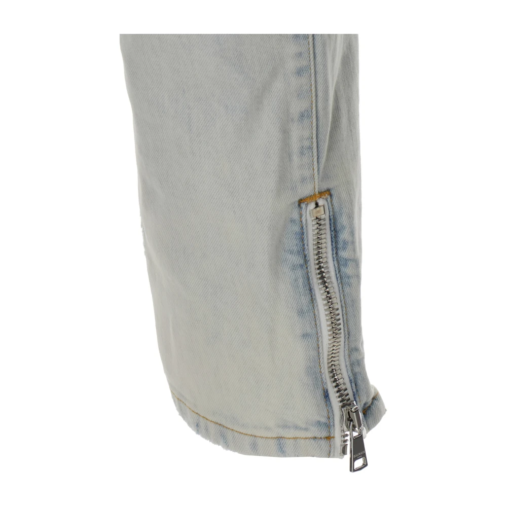 Balmain Biker Denim Broek Blauwe Wassing Blue Heren