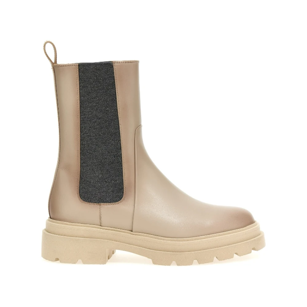 Santoni Beige Leren Enkellaars met Elastische Inzetstukken Beige Dames