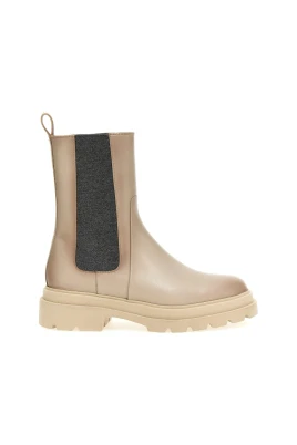 Beige Läder Ankelboot med Elastiska Insatser