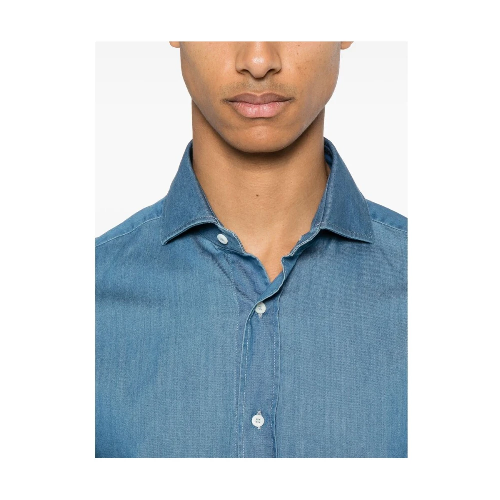 BRUNELLO CUCINELLI Blauw Katoenen Chambray Overhemd Met Kraag Blue Heren