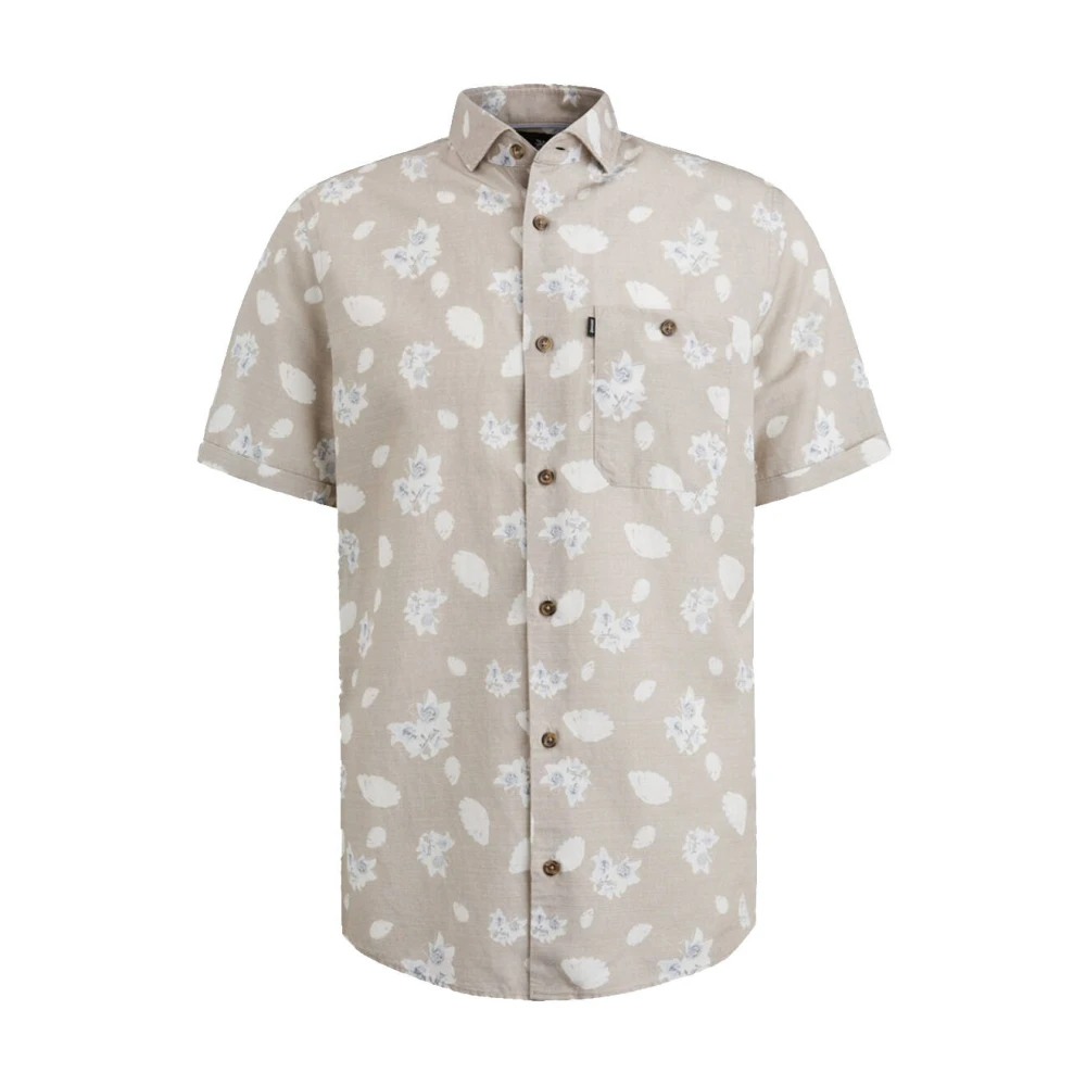VANGUARD Heren Overhemden Short Sleeve Shirt Printed Tencel Cotton Linen Beige
