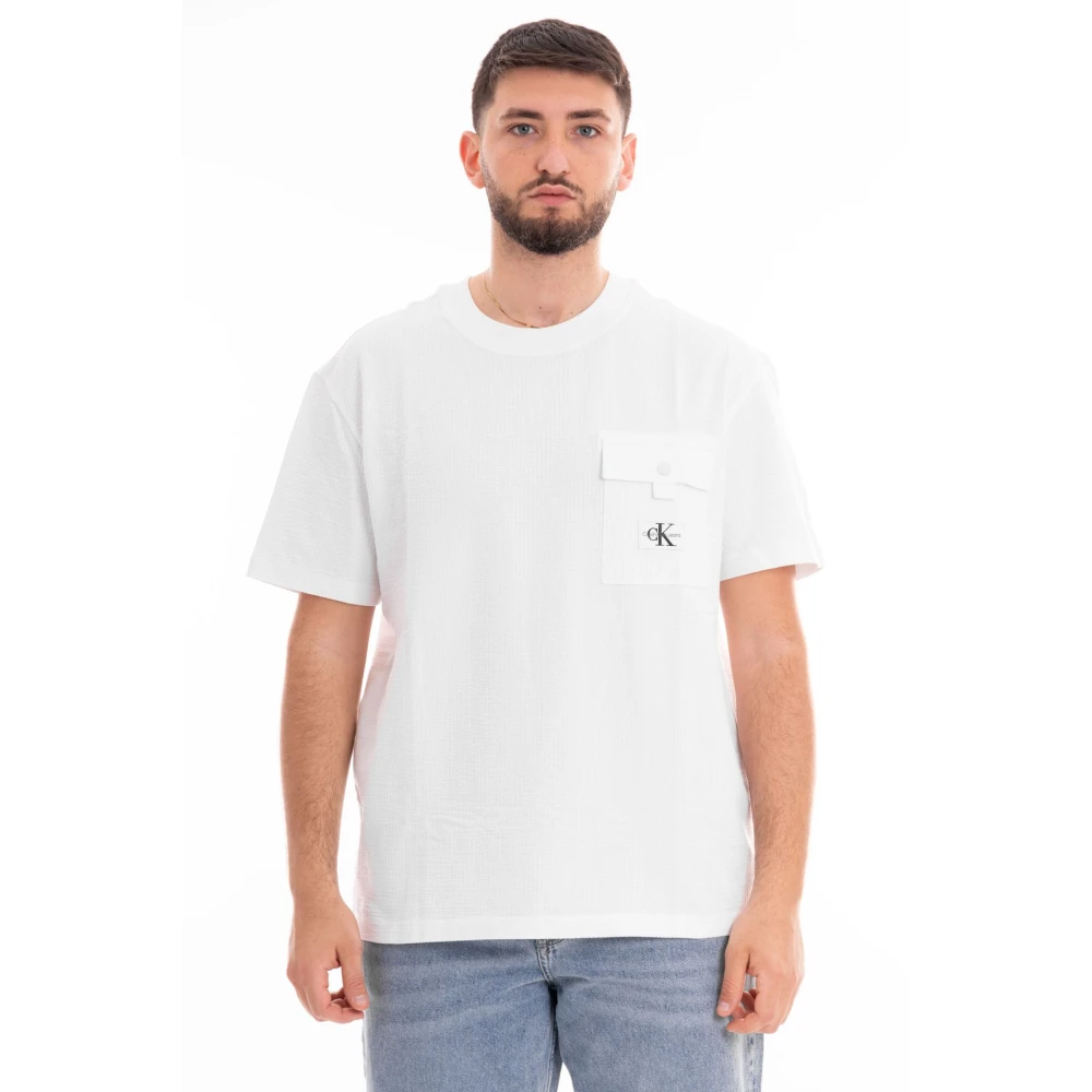 Calvin Klein Jeans Witte T-shirt met gestructureerd patroon en logo knoop White Heren