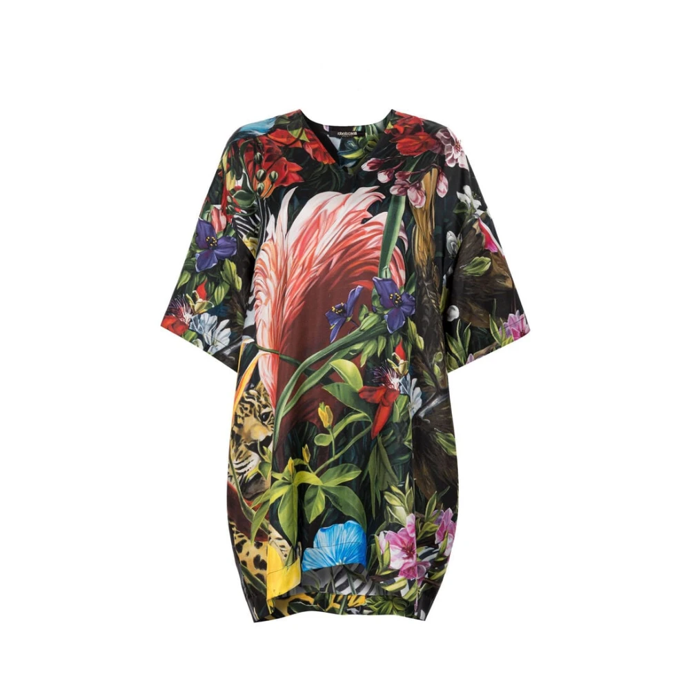 Roberto Cavalli Zijden jurk met bloemen- en luipaardprint Multicolor Dames