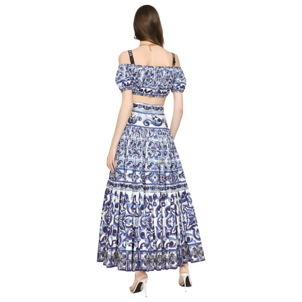 Dolce & Gabbana Gedrukte Majolica Katoenen Poplin Crop Top Blue Dames