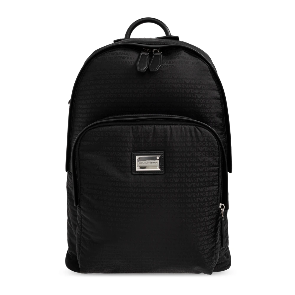 Emporio Armani Herr Svart Väskor One Size, Läder, Monogram Ryggsäck