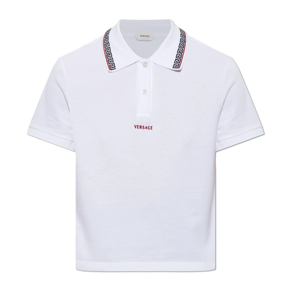 Versace Vrouw Wit Tops Dames, 2XS, Katoen, Geborduurd-Logo Katoenen Piqué Polo