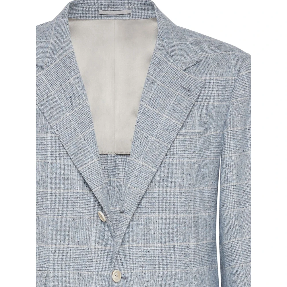 BRUNELLO CUCINELLI Blauw Geruit Patroon Zijde Blazer Blue Heren