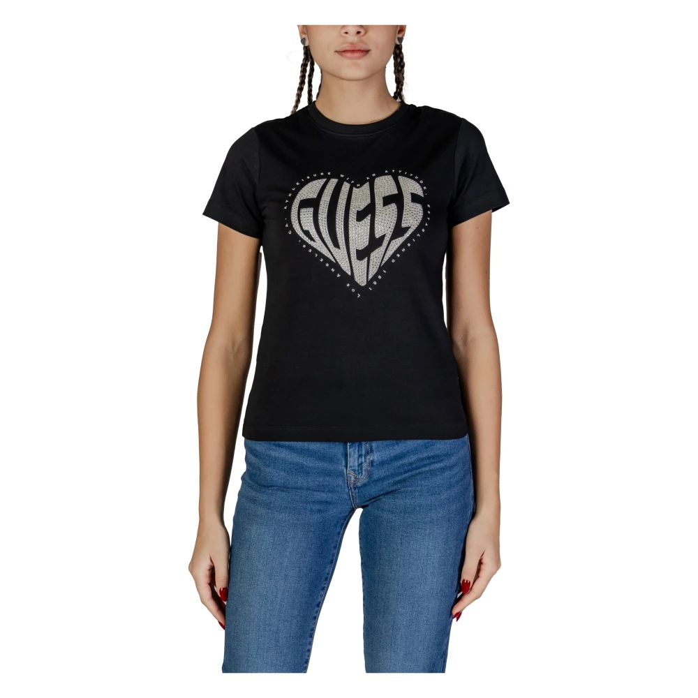 Guess Hart Rhinestone Crew Neck Tee Black Dames