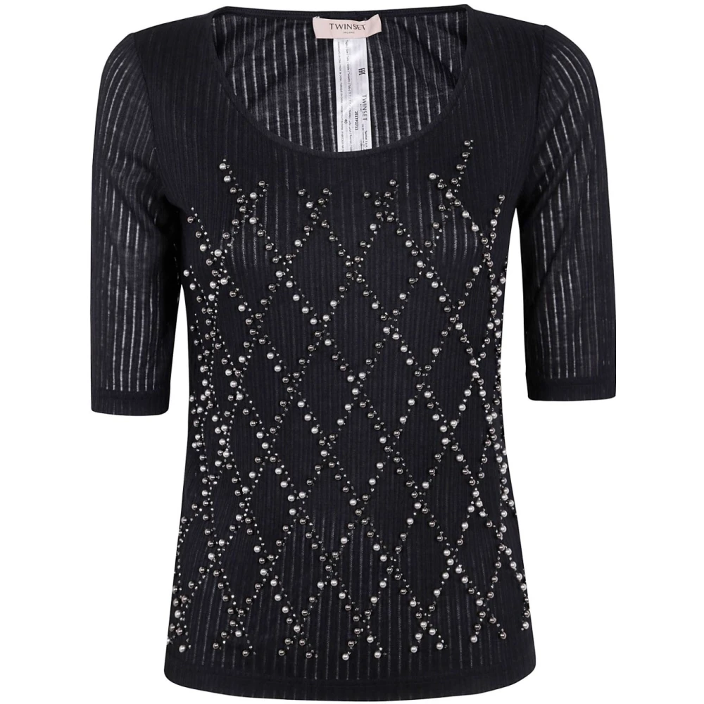 Twinset Zwart Diamantpatroon Logo Shirt Black Dames