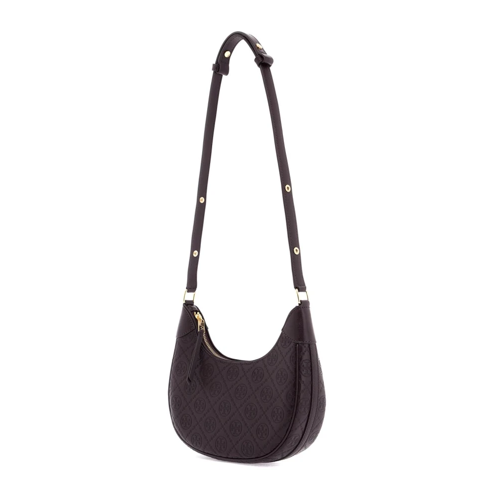 TORY BURCH Monogram Leren Halvemaan Tas Brown Dames