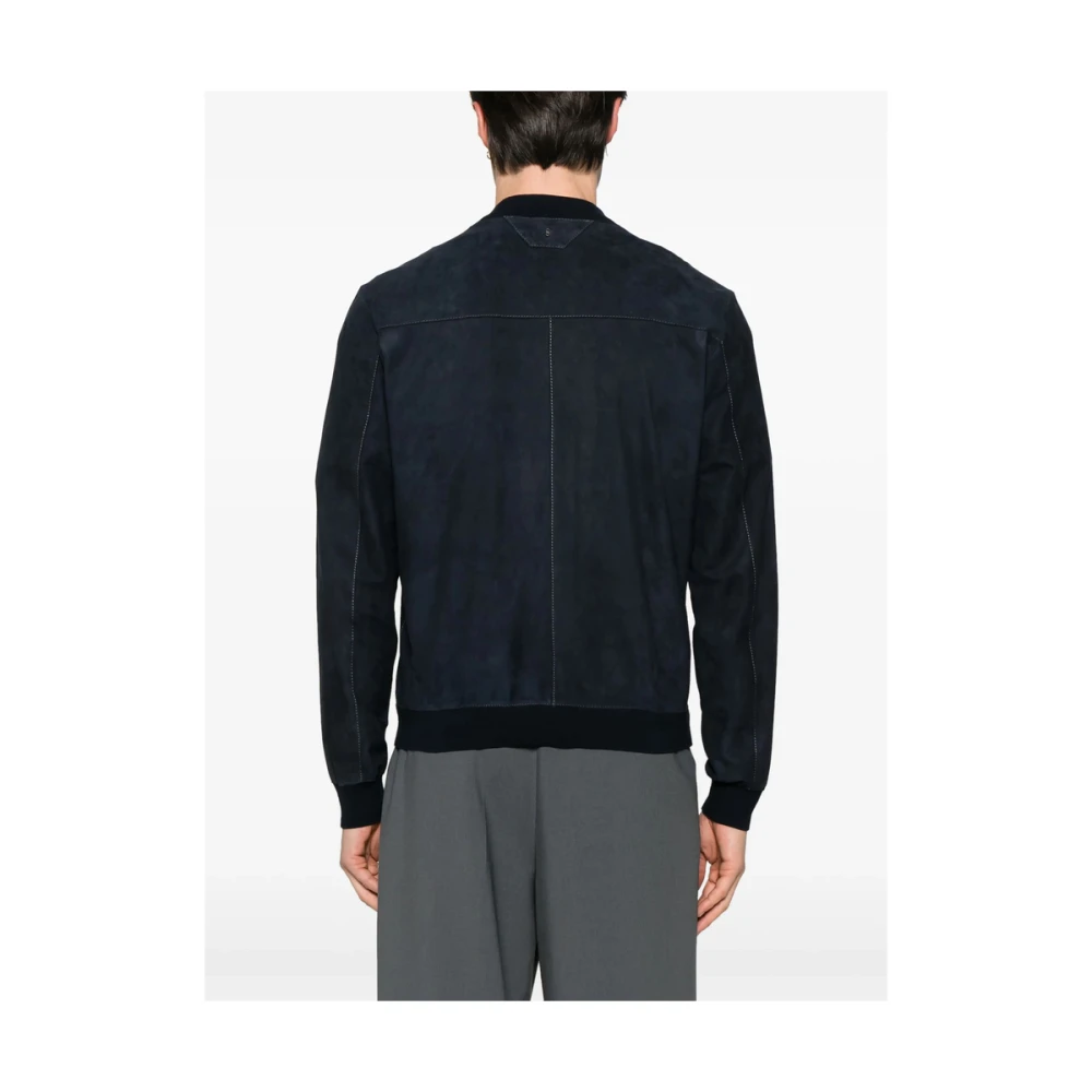 Salvatore Santoro Navy Blauw Leren Jack Geribbeld Blue Heren