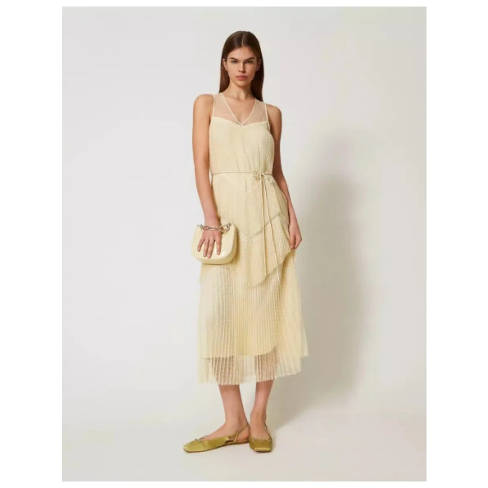 Twinset Lange Tule Jurk met Kant Details Beige Dames