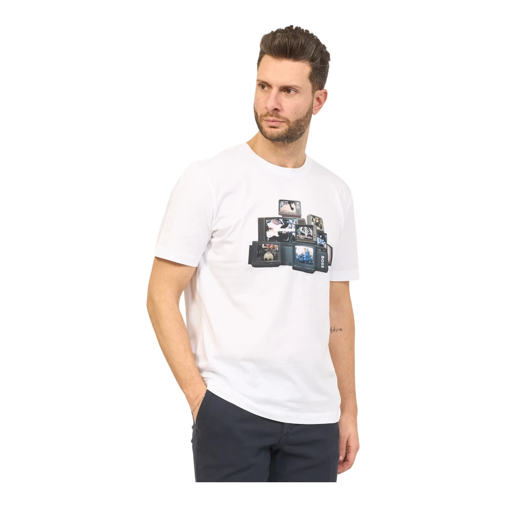 Hugo Boss Wit T-shirt met Ronde Hals en Voorprint White Heren