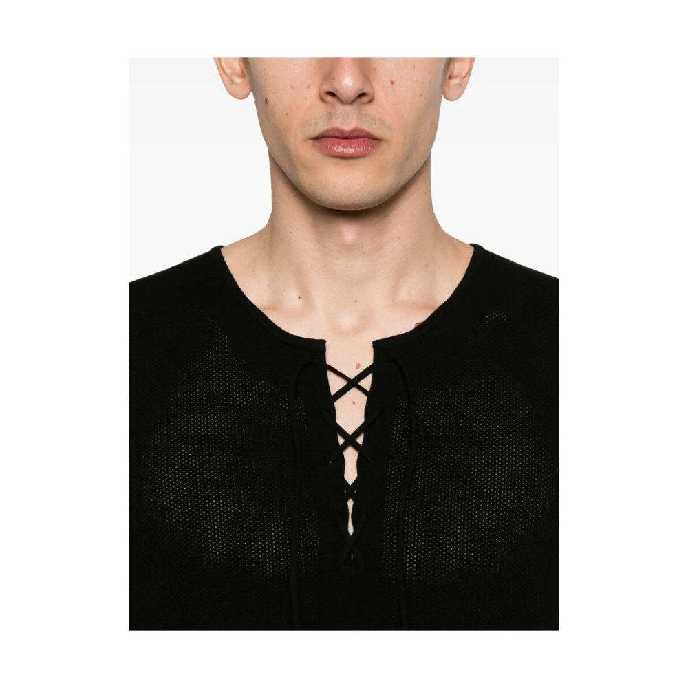 Dries Van Noten Zwarte Lace-Up Korte Mouw Sweater Black Heren