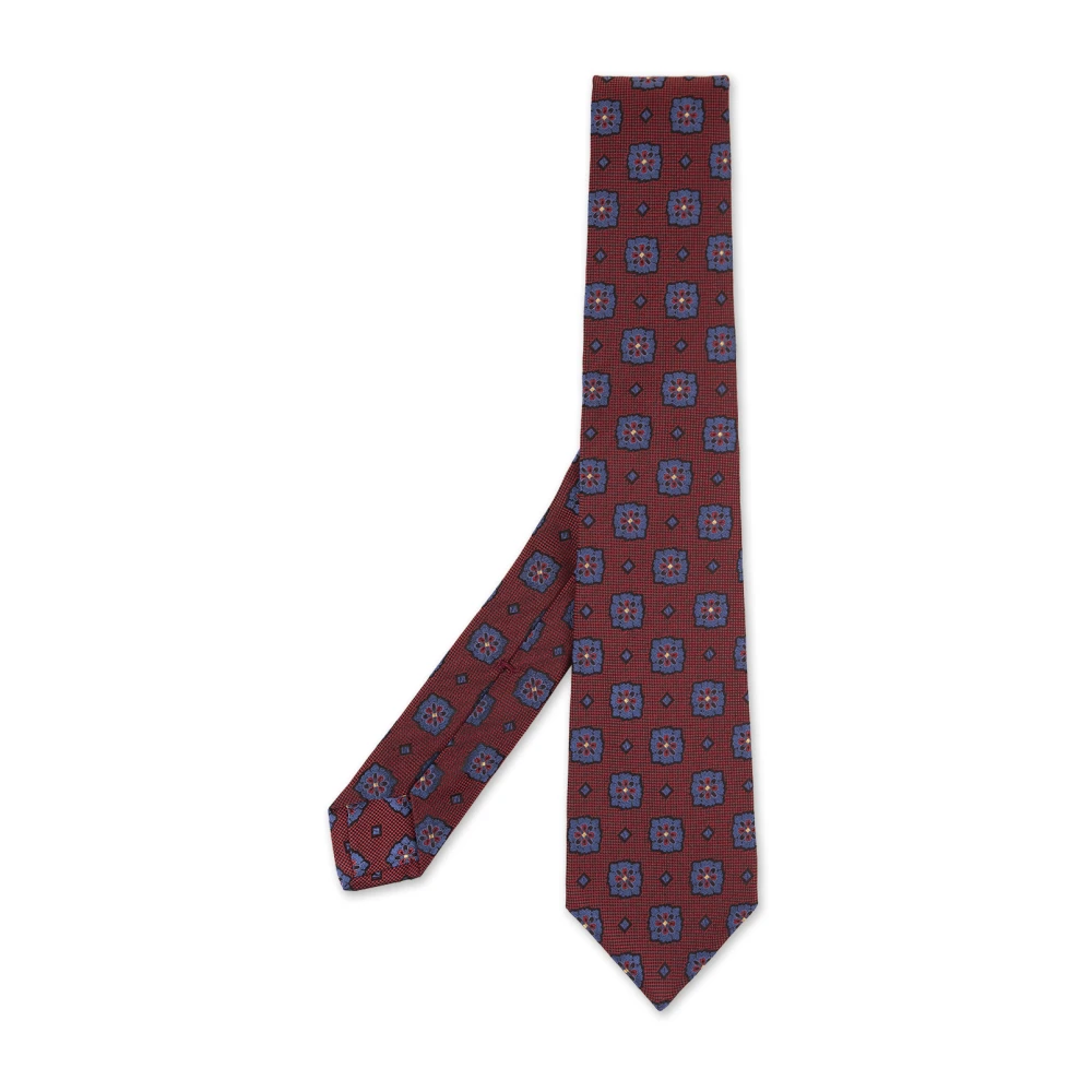 Kiton Bordeaux Zijden Stropdas Blauw Geometrisch-Bloemen Red Heren