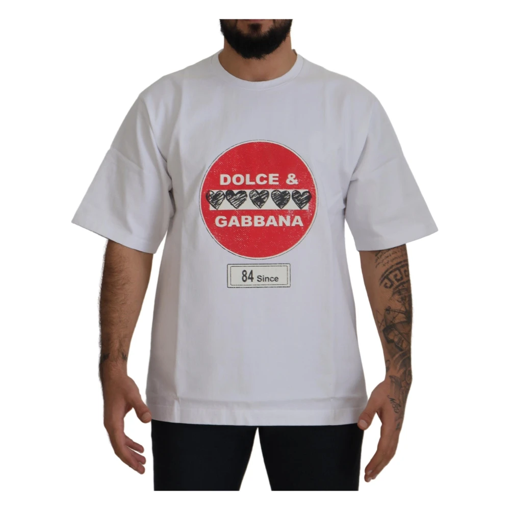 Dolce & Gabbana Amor Heart Cotton Crewneck T-Shirt - Male - T-Shirts - White - S - Tops