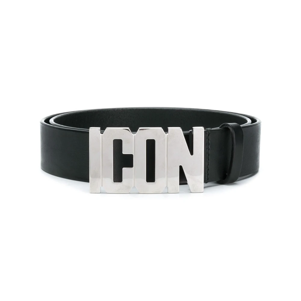 Dsquared2 Zwarte Leren Riem met Zilveren Icon Plaque Black Heren