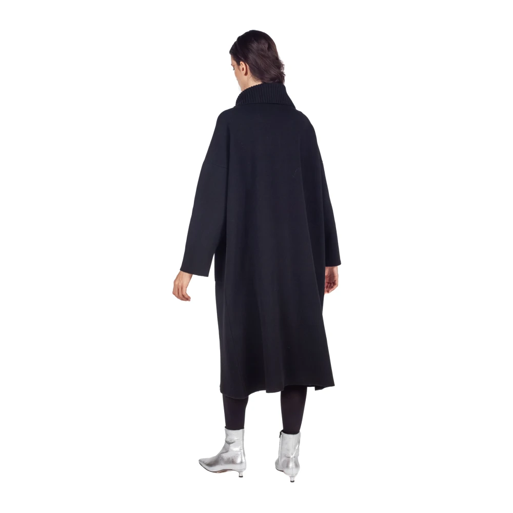 Liviana Conti Zwarte Wollen Blend Ribkraag Jas Black Dames