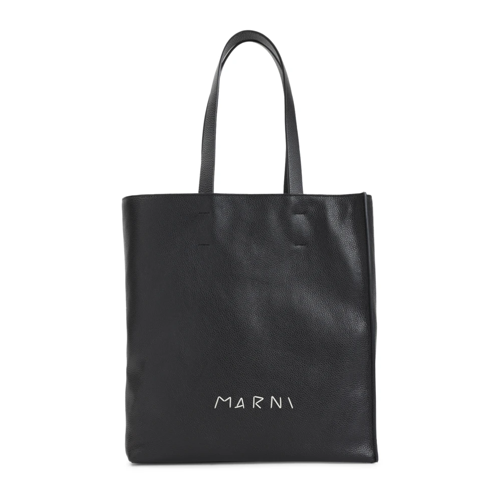Marni Donna Nero Museo Soft Tote Bag Grande In Pelle Nera Con Ricamo Symbol - Immagine 2