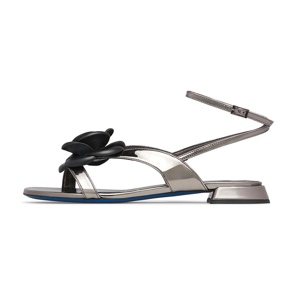 Loriblu Mujer Gris - Sandalia Plana De Charol Con Flor- Shoes - 38 Eu- Sandalia Plana De Charol Con Flor