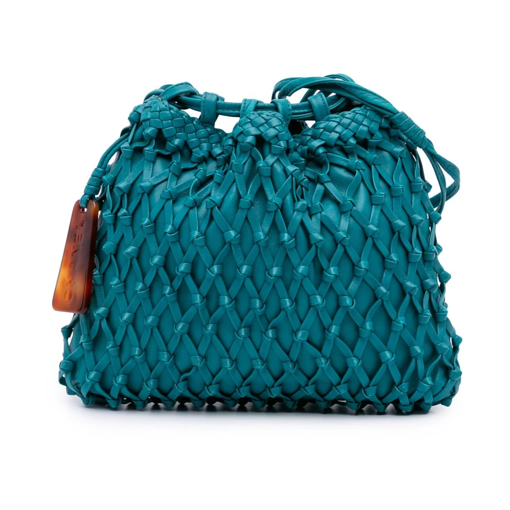 Chanel Vintage Women's Blue Pre-Owned Woven Leather Top Handle Bag Structured Handbag For Stylish