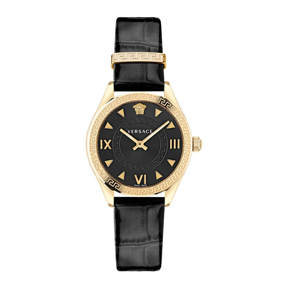 Versace Women's Yellow Watches, One Size, Hellenyium Black Leather Watch