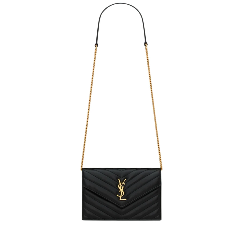 Saint Laurent Zwarte leren kettingportemonnee met drukknoop Black Dames