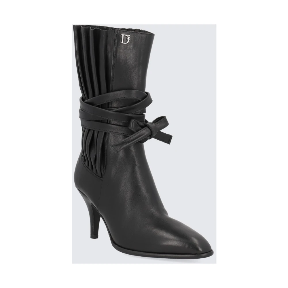 Dsquared2 Zwarte Leren Enkellaarzen met Plissè Motief Black Dames