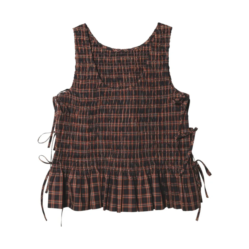 Ganni Top De Algodón Fruncido A Cuadros - Female - Sleeveless Tops - Brown - L - Tops