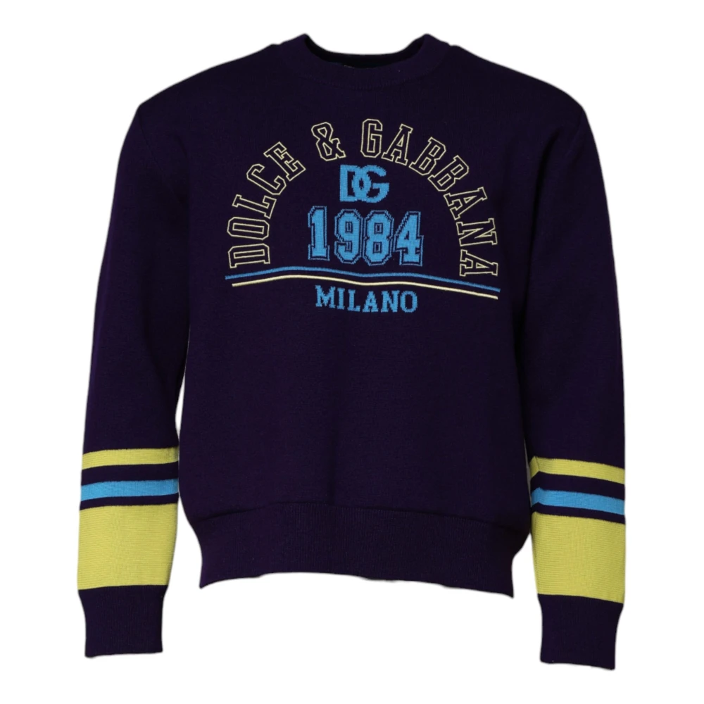 Dolce & Gabbana Men's Blue Round-Neck Knitwear, M, Milano Crewneck Sweatshirt With Logo Details