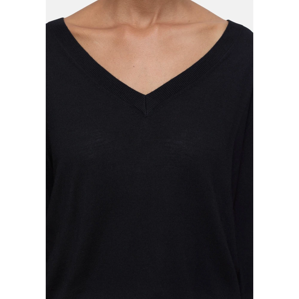 closed V-hals Boxy Wol Zijde Trui Black Dames