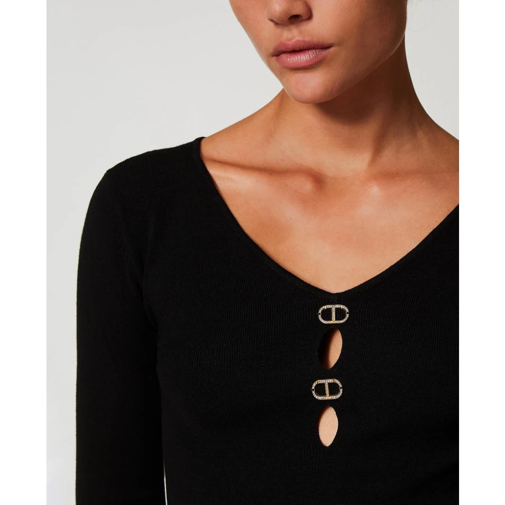 Twinset Omkeerbare zwarte truien met ovale T-metalen platen Black Dames